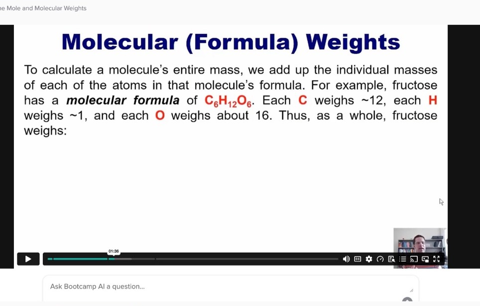DAT Bootcamp video lesson showing a text-dense slide with red highlights and an instructor inset